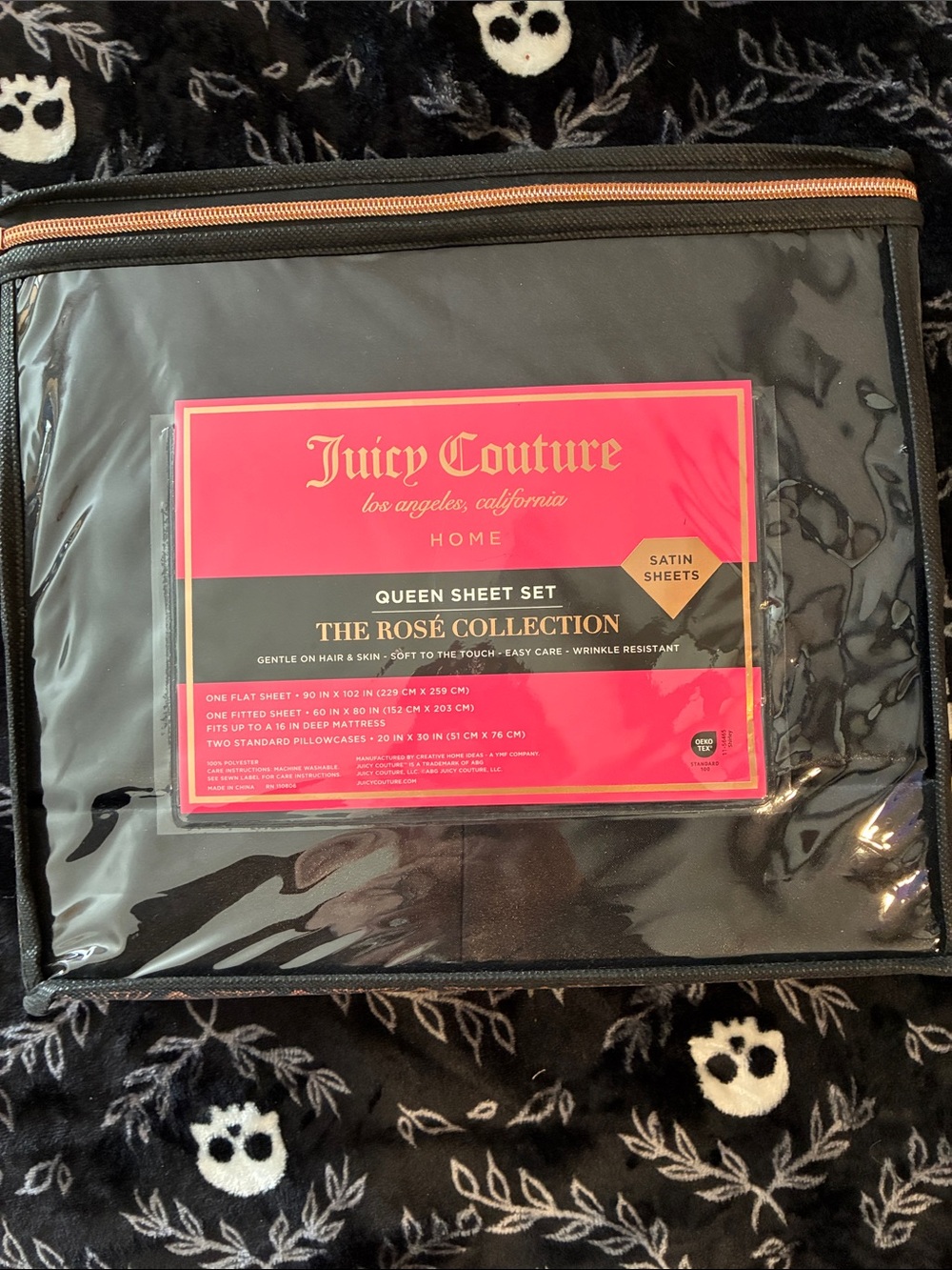 Juicy Couture Black Satin Queen Sheet Set - The Rosé Collection